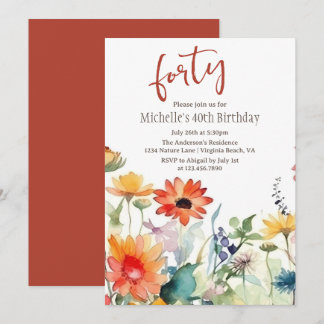 カラフルな野生の花 輝く花々 40歳の誕生日 招待状