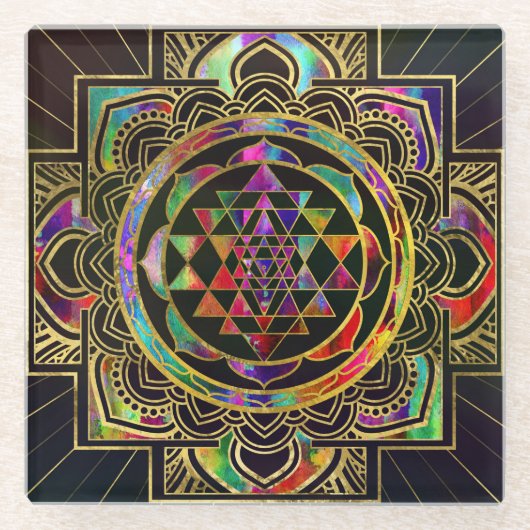 カラフルな金ゴールドはSri Yantra Sriのチャクラを組み立てました ガラスコースター (正面)
