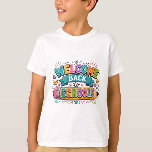 カラフルな鉛筆のタイポグラフィで学校再開を歓迎 Tシャツ (正面)