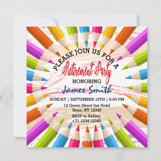 カラフルな鉛筆教師の退職パーティー 招待状 (正面)