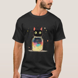カラフルな銀河が広がる宇宙の瓶の中の愛らしい黒猫 Tシャツ