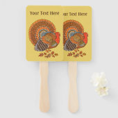 カラフルな雄の七面鳥の大きな尾羽が黄色の葉の上に立つ ハンドファン (正面&裏面)