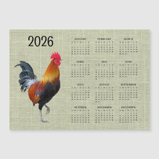 カラフルな雄鶏 2026年 カレンダー マグネットカード (正面)