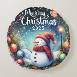 カラフルな雪だるまとオーナメントのクリスマスピロー ラウンドクッション
