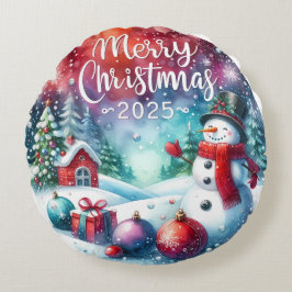 カラフルな雪だるまとオーナメントのクリスマスピロー ラウンドクッション