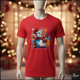 カラフルな雪だるまサンタマフラーペイントスプラッター Tシャツ
