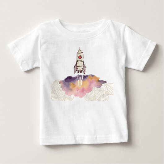 カラフルな雲から離陸するロケット宇宙船 ベビーTシャツ (正面)