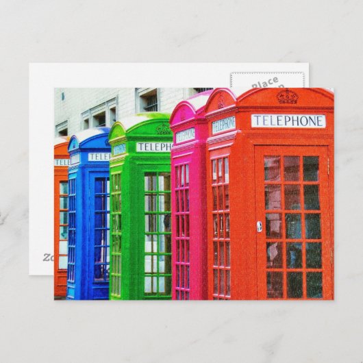 カラフルな電話ボックスが並ぶ様子 ポストカード (正面/裏面)