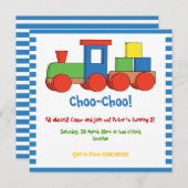 カラフルな電車の子供の誕生日青、白の枠 招待状 (正面/裏面)