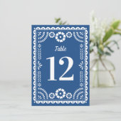 カラフルな青いパペルピカドウェディングテーブルナンバー 招待状 (スタンド正面)