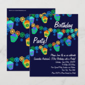 カラフルな青いランタン誕生日パーティーの招待状 招待状 (正面/裏面)