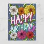 カラフルな青い花のオリジナル誕生日カード ポストカード (正面)