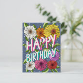 カラフルな青い花のデザインの誕生日カード ポストカード (スタンド正面)