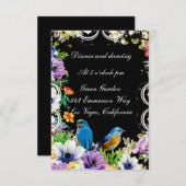 カラフルな青い鳥と植物の花のレセプション 招待状 (正面/裏面)