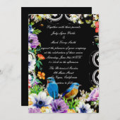 カラフルな青い鳥と植物の花 招待状 (正面/裏面)