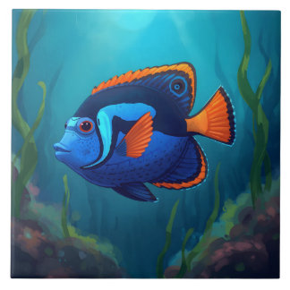 カラフルな青とオレンジの熱帯魚とサンゴ礁  タイル