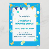 カラフルな青と緑のくす玉の男の子のお誕生日おめでとう 招待状 (正面)