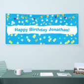 カラフルな青と緑のコンフェティ 男の子の誕生日パーティー 横断幕 (トレードショー)