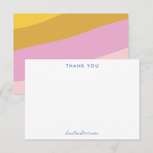 カラフルな青黄色ピンクのストライプ オーダーメイド サンキューカード (正面/裏面)