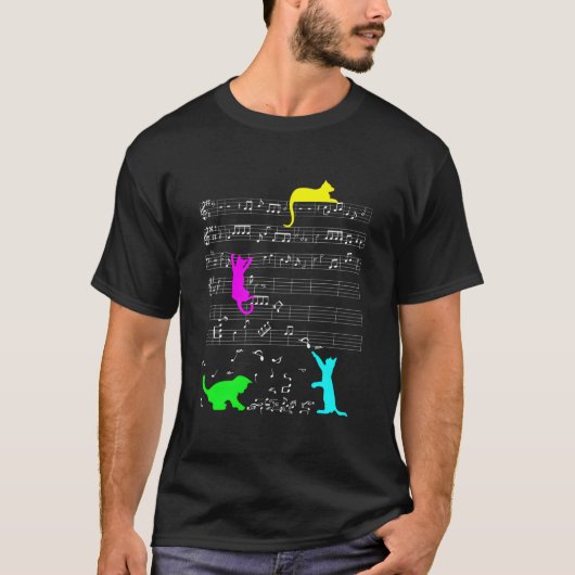 カラフルな音楽家と音符の猫 Tシャツ (正面)
