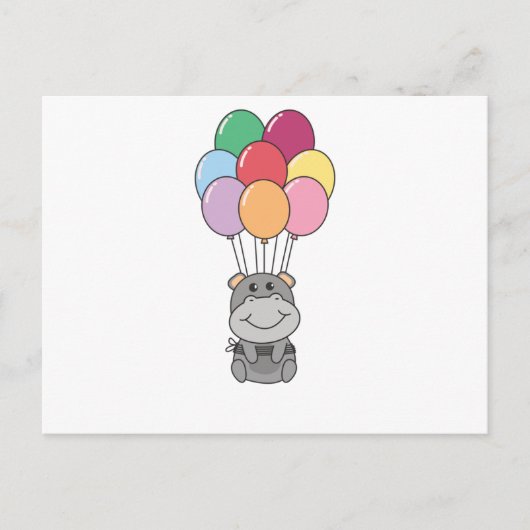 カラフルな風船でヒポポタマスが飛び立つ ポストカード (正面)