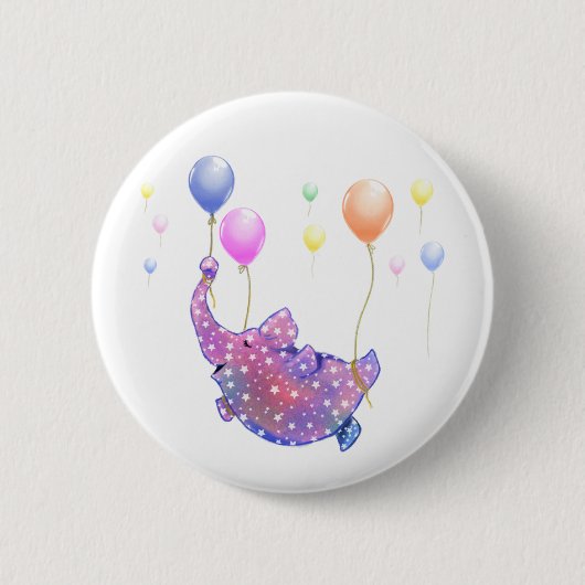 カラフルな風船で飛ぶかわいい星の象 缶バッジ (正面)