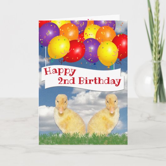カラフルな風船とアヒルの2歳の誕生日 カード (正面)