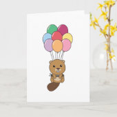 カラフルな風船と一緒にビーバーが飛び上がる カード (黄色い花)