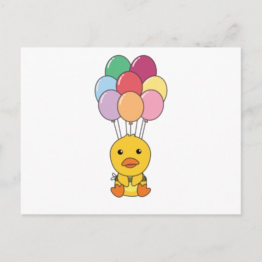 カラフルな風船と一緒に飛ぶアヒル ポストカード (正面)