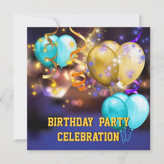 カラフルな風船と吹き流しの誕生日パーティー 招待状 (正面)