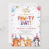 カラフルな風船と子猫の1歳の誕生日 招待状 (正面)