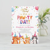 カラフルな風船と子猫の1歳の誕生日 招待状 (スタンド正面)