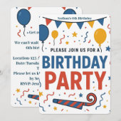 カラフルな風船と紙吹雪 子供の誕生日 招待状 (正面/裏面)