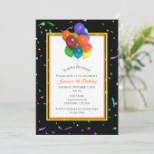 カラフルな風船と紙吹雪 黒背景 | パーティー 招待状 (スタンド正面)