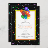 カラフルな風船と紙吹雪 黒背景 | パーティー 招待状 (正面/裏面)