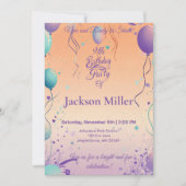 カラフルな風船の誕生日パーティー & かわいいライオン 招待状 (正面)