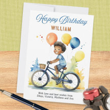 カラフルな風船を持った自転車の少年 誕生日