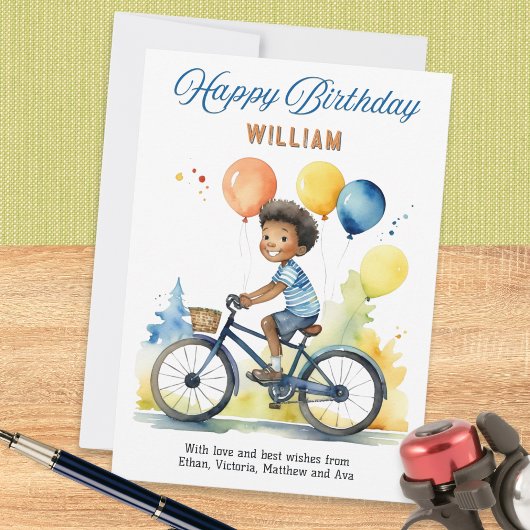 カラフルな風船を持った自転車の少年 誕生日 カード