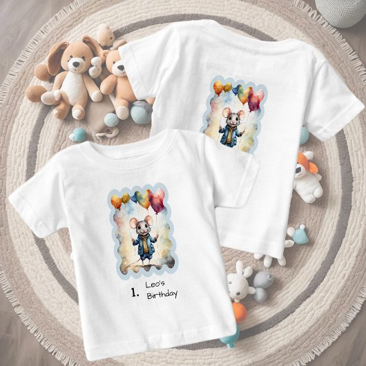 カラフルな風船を持つかわいいねずみ、カスタム ベビーTシャツ