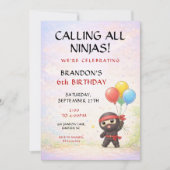 カラフルな風船を持つかわいい忍者の子供の誕生日 招待状 (正面)