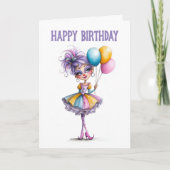 カラフルな風船を持つピエロの女の子 誕生日 カード (正面)