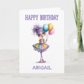 カラフルな風船を持つピエロの女の子 誕生日 カード (正面)