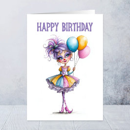 カラフルな風船を持つピエロの女の子 誕生日 カード