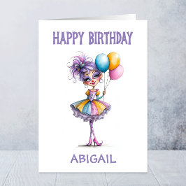 カラフルな風船を持つピエロの女の子 誕生日 カード