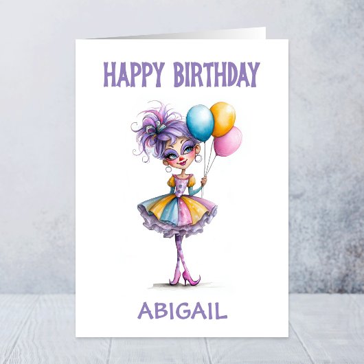 カラフルな風船を持つピエロの女の子 誕生日 カード