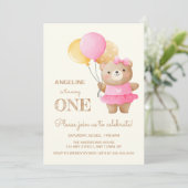 カラフルな風船 かわいいクマの女の子 1歳の誕生日 招待状 (スタンド正面)