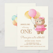 カラフルな風船 かわいいクマの女の子 1歳の誕生日 招待状 (正面/裏面)
