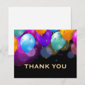 カラフルな風船 ブラックとゴールドのコンフェッティ サンキューカード (正面/裏面)