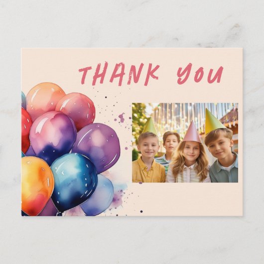 カラフルな風船 子どもの誕生日写真 ありがとう ポストカード (正面)