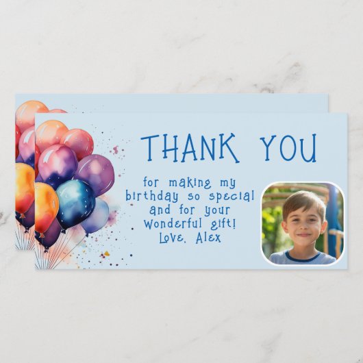 カラフルな風船 子供の誕生日写真 サンキューカード (正面/裏面)